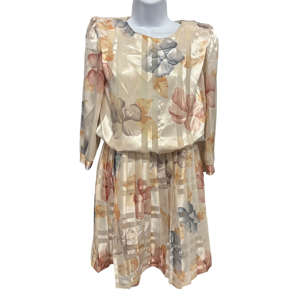 Damon Petite Vintage 80s Floral Pleated Dress Cream Pink Blue ILGWU USA Size 4